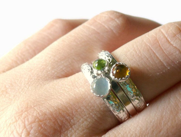 Sterling silver stacking gemstone rings • Natural stone rings amber, moonstone, peridot stackable rings • Sterling silver stacking ring set