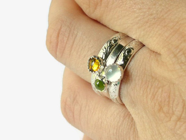 Sterling silver stacking gemstone rings • Natural stone rings amber, moonstone, peridot stackable rings • Sterling silver stacking ring set