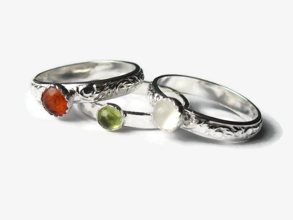 Sterling silver stacking gemstone rings • Natural stone rings amber, moonstone, peridot stackable rings • Sterling silver stacking ring set