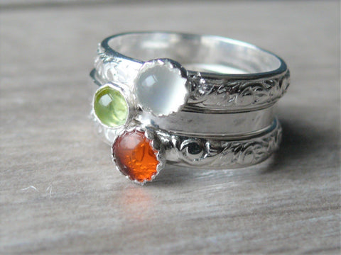 Sterling silver stacking gemstone rings • Natural stone rings amber, moonstone, peridot stackable rings • Sterling silver stacking ring set
