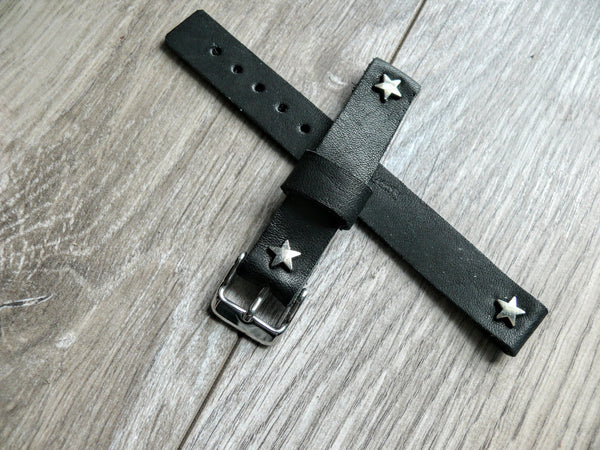 black leather watch strap for women with stars
