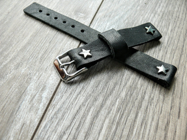 black leather watch band with stars