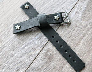 women's black leather watch strap with star rivets