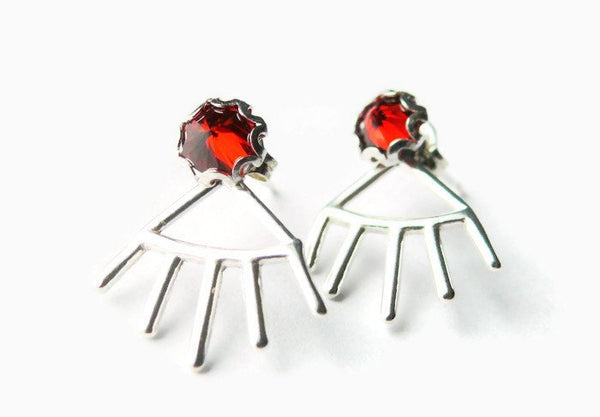 Spike Ear jacket earring • Spiky ear jacket • Modern geometric earrings • Red birthstone earrings • Sterling silver front back earrings