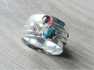 Silver turquoise ring • Three stone ring worry ring • 3 band spinner ring • Anxiety jewelry • Silver spinning ring • Turquoise garnet ring