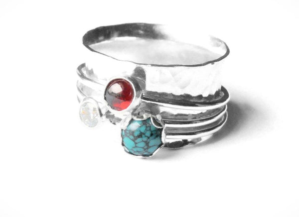 Silver turquoise ring • Three stone ring worry ring • 3 band spinner ring • Anxiety jewelry • Silver spinning ring • Turquoise garnet ring