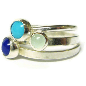 Sterling silver gemstone stacking rings set lapis lazuli, turquoise, and aquamarine blue summer fashion Etsy jewelry
