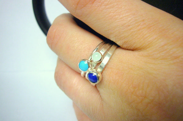 Sterling silver gemstone stacking rings set lapis lazuli, turquoise, and aquamarine blue summer fashion Etsy jewelry