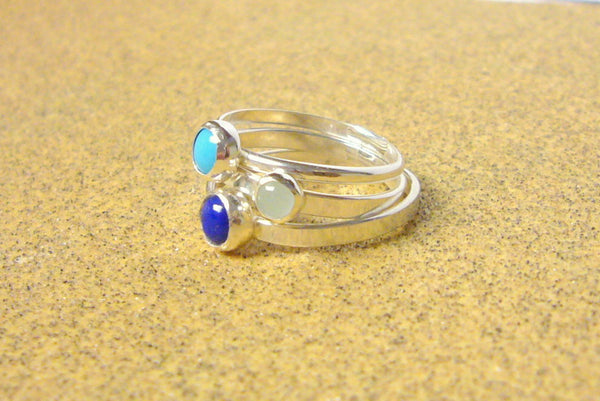 Sterling silver gemstone stacking rings set lapis lazuli, turquoise, and aquamarine blue summer fashion Etsy jewelry