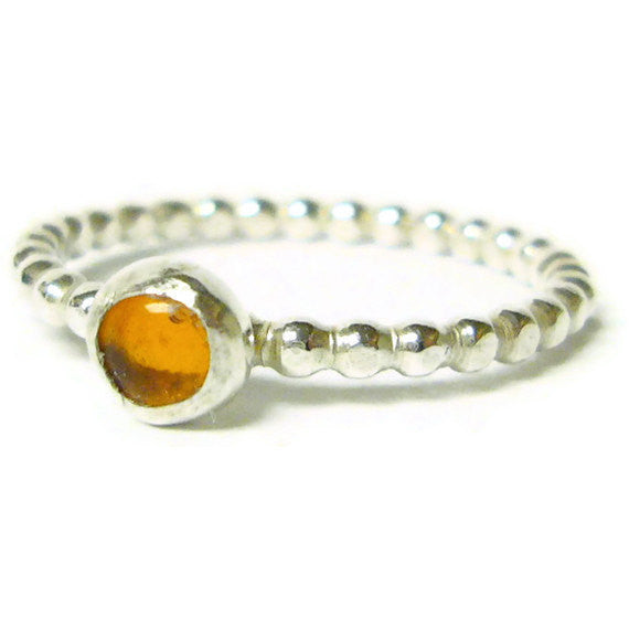 Silver amber ring sterling silver ring silver stacking ring beaded gemstone stackable ring honey gold