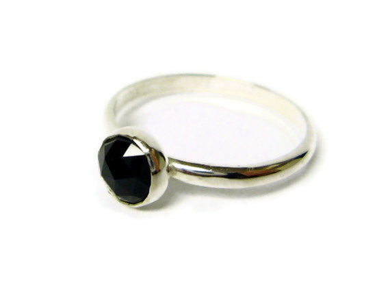 silver gemstone stacking ring with black spinel