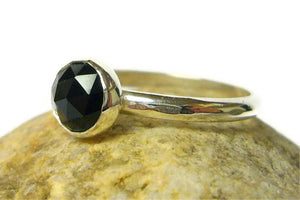 rose cut faceted black spinel gemstone ring with sterling silver band