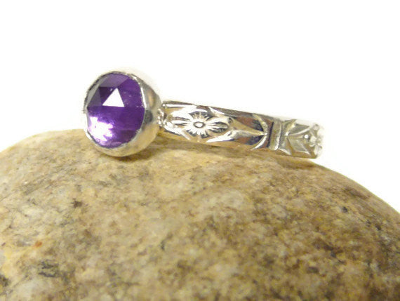 Silver amethyst ring rose cut gemstone ring sterling silver ring purple ring silver stacking ring