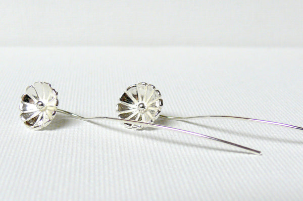 Silver Flower Earrings Long Stem Threader Dangle Earrings