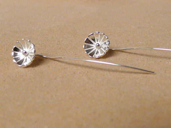 Silver Flower Earrings Long Stem Threader Dangle Earrings