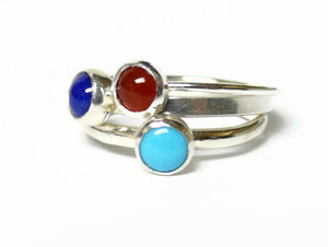 Sterling silver ring dark blue Lapis lazuli, turquoise, and oxblood red carnelian ring Sterling silver gemstone stacking rings set
