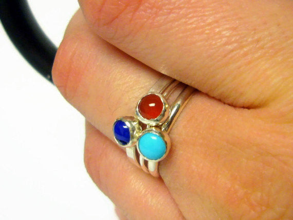 Sterling silver ring dark blue Lapis lazuli, turquoise, and oxblood red carnelian ring Sterling silver gemstone stacking rings set