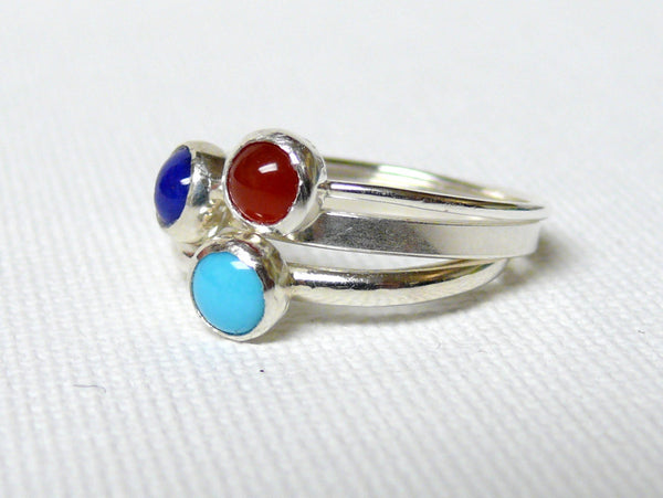 Sterling silver ring dark blue Lapis lazuli, turquoise, and oxblood red carnelian ring Sterling silver gemstone stacking rings set