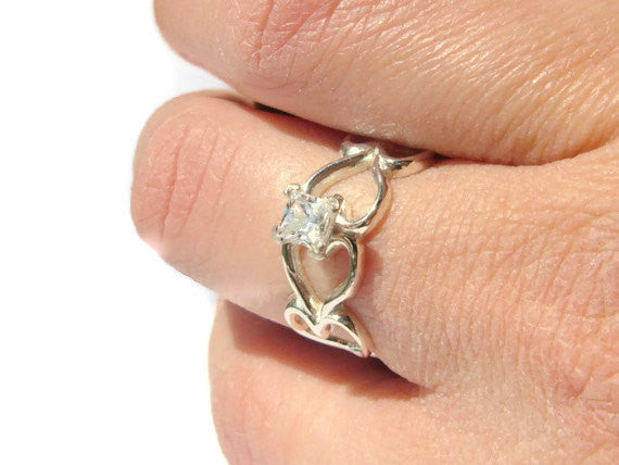 Solitaire engagement ring Cubic zirconia princess cut ring heart wedding band sterling silver ring promise ring alternative wedding ring