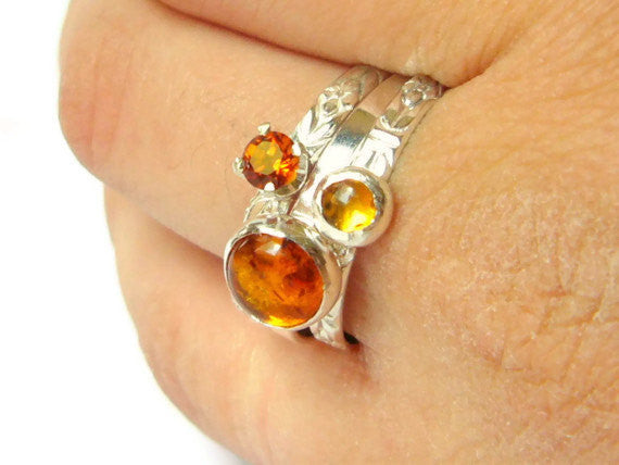Silver amber rings honey gold Stacking gemstone rings set sterling silver rings amber and citrine rings