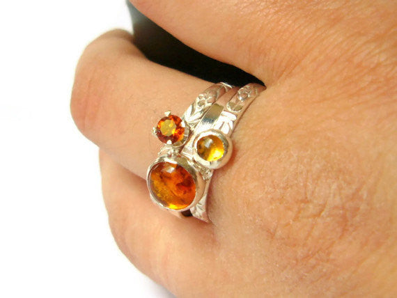 Silver amber rings honey gold Stacking gemstone rings set sterling silver rings amber and citrine rings