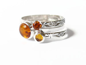 Silver amber rings honey gold Stacking gemstone rings set sterling silver rings amber and citrine rings