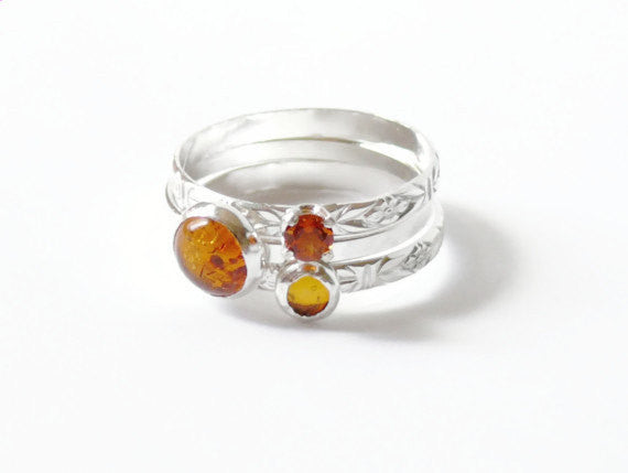 Silver amber rings honey gold Stacking gemstone rings set sterling silver rings amber and citrine rings