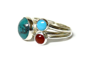 Sterling silver ring silver turquoise ring oxblood red carnelian ring gemstone stacking rings set aqua blue