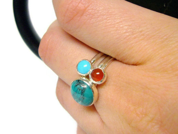 Sterling silver ring silver turquoise ring oxblood red carnelian ring gemstone stacking rings set aqua blue