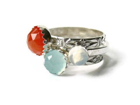 Stacking gemstone ring set sterling silver rings faceted orange carnelian, ocean blue chalcedony, moonstone rings
