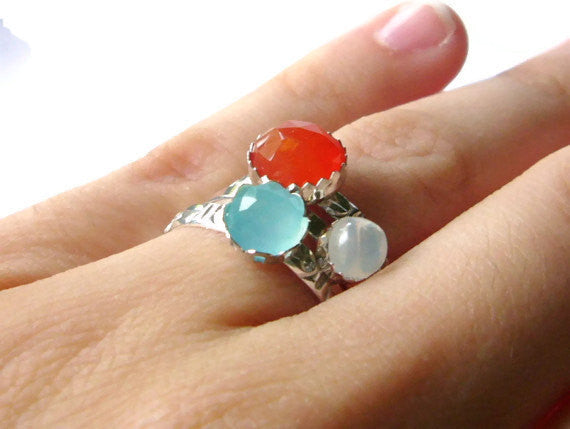 Stacking gemstone ring set sterling silver rings faceted orange carnelian, ocean blue chalcedony, moonstone rings