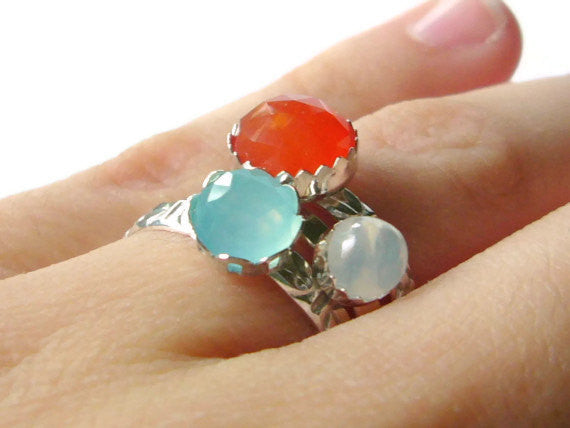 Stacking gemstone ring set sterling silver rings faceted orange carnelian, ocean blue chalcedony, moonstone rings