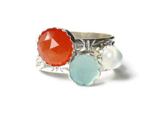 Stacking gemstone ring set sterling silver rings faceted orange carnelian, ocean blue chalcedony, moonstone rings