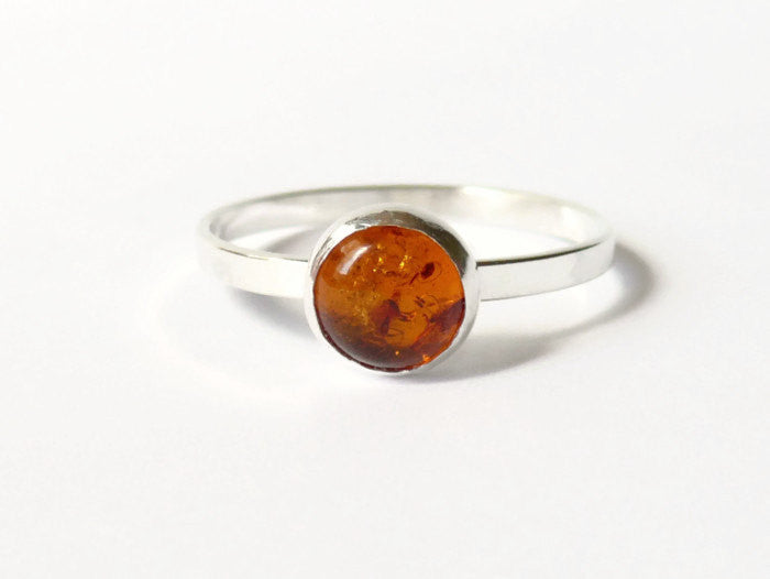 Silver gemstone ring amber ring sterling silver ring mineral stone ring honey golden stacking ring