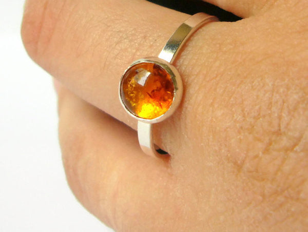 Silver gemstone ring amber ring sterling silver ring mineral stone ring honey golden stacking ring