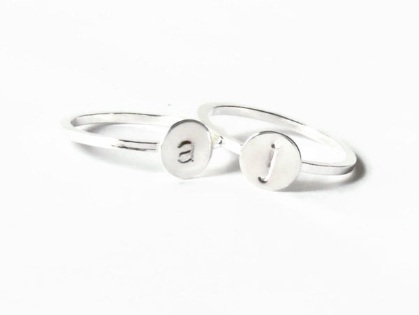 sterling silver stacking rings with handstamped initial