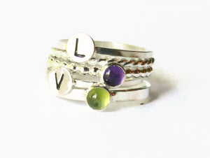 Initial ring set personalized jewelry Sterling silver stacking ring set Silver monogram ring gemstone amethyst and peridot mothers ring