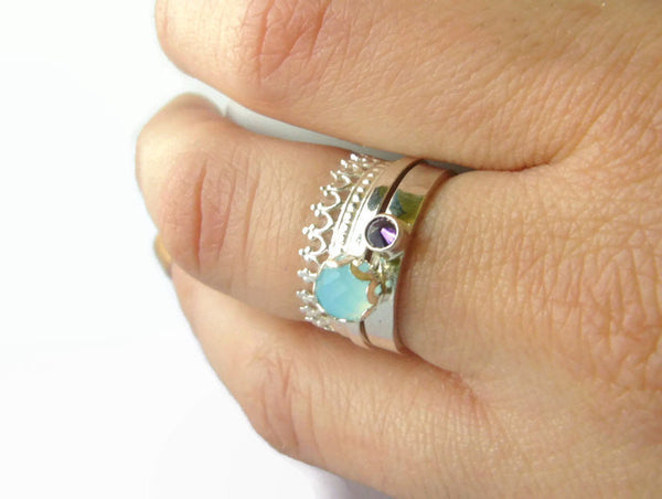 Sterling silver gemstone ring set stacking rings sterling silver rings aqua blue stone ring crown inverted stone