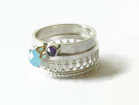 Sterling silver gemstone ring set stacking rings sterling silver rings aqua blue stone ring crown inverted stone