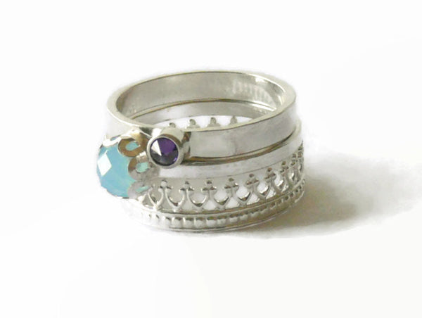 Sterling silver gemstone ring set stacking rings sterling silver rings aqua blue stone ring crown inverted stone