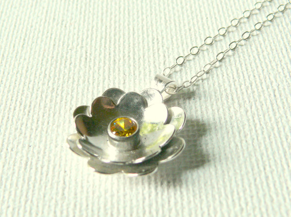 Sterling silver flower pendant necklace yellow cubic zirconia stone necklace gemstone nature inspired handmade jewelry