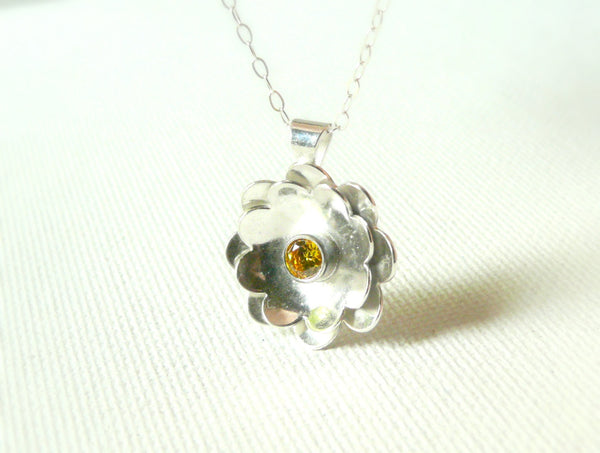 Sterling silver flower pendant necklace yellow cubic zirconia stone necklace gemstone nature inspired handmade jewelry