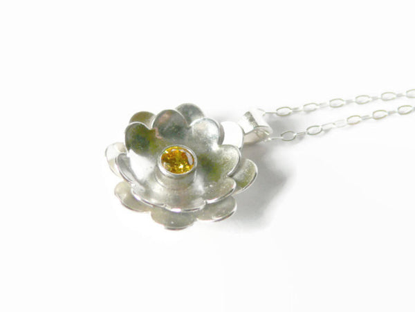 Sterling silver flower pendant necklace yellow cubic zirconia stone necklace gemstone nature inspired handmade jewelry