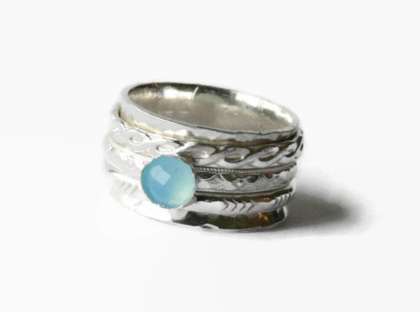 Sterling silver spinning ring with aqua chalcedony gemstone • Anxiety Fidget Spinner ring • Artisan