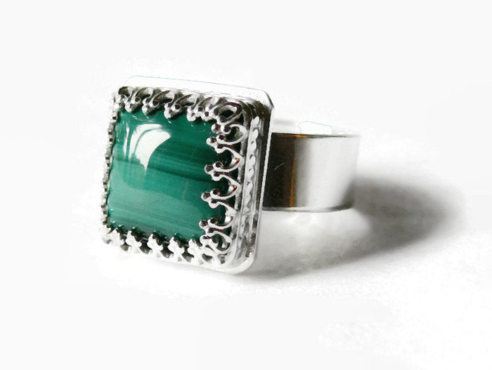 Sterling silver ring natural green stone ring silver malachite ring chunky square ring wide silver ring