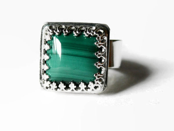 Sterling silver ring natural green stone ring silver malachite ring chunky square ring wide silver ring