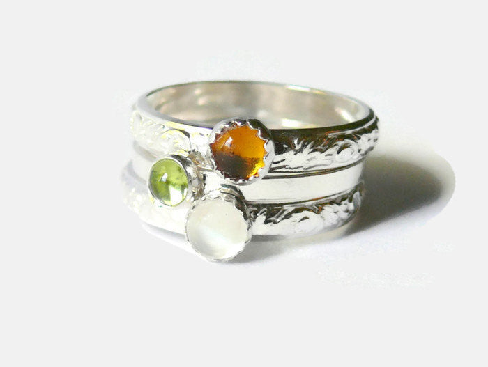 Sterling silver stacking gemstone rings stackable rings stacking ring set sterling silver ring moonstone, peridot, amber natural stone ring