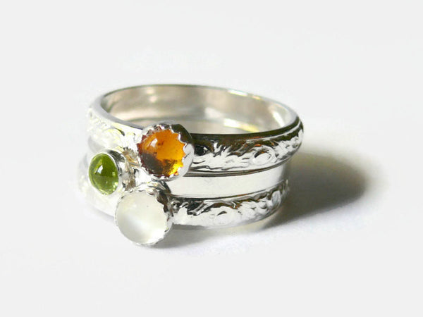 Sterling silver stacking gemstone rings stackable rings stacking ring set sterling silver ring moonstone, peridot, amber natural stone ring