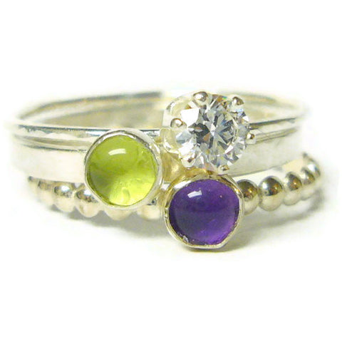Sterling silver stacking ring set sterling silver ring silver gemstone ring cubic zirconia, purple amethyst ring, green peridot ring