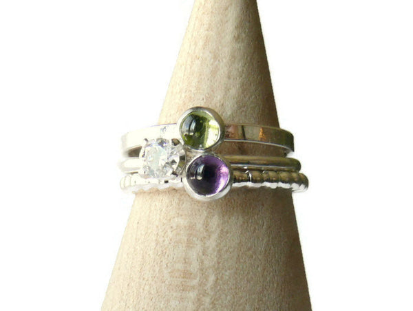 Sterling silver stacking ring set sterling silver ring silver gemstone ring cubic zirconia, purple amethyst ring, green peridot ring